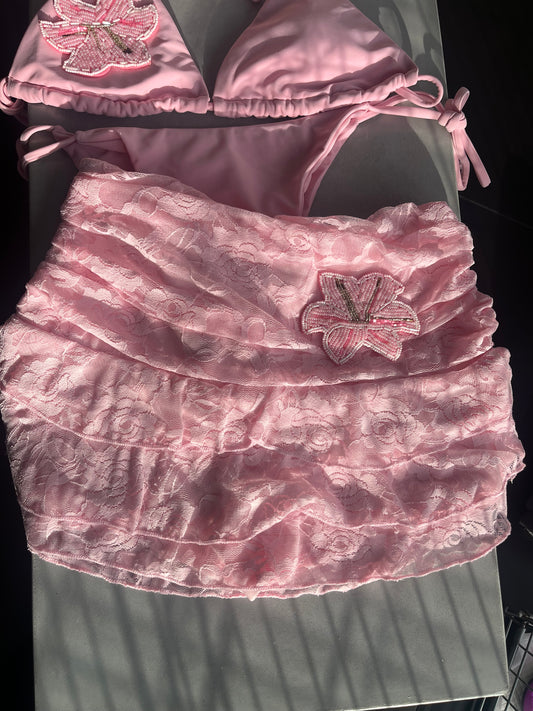 Pink beaded flora lace skort