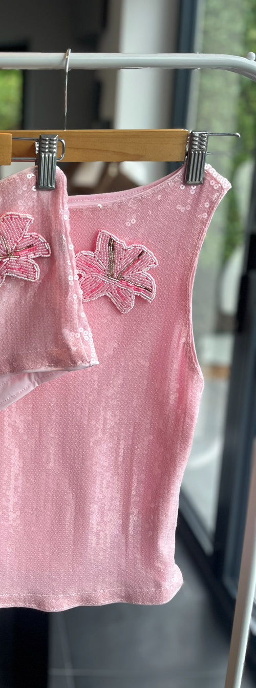 Pink beaded flora Tank top ONLY