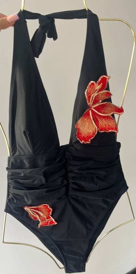 Black Red blossom one piece swimsuit