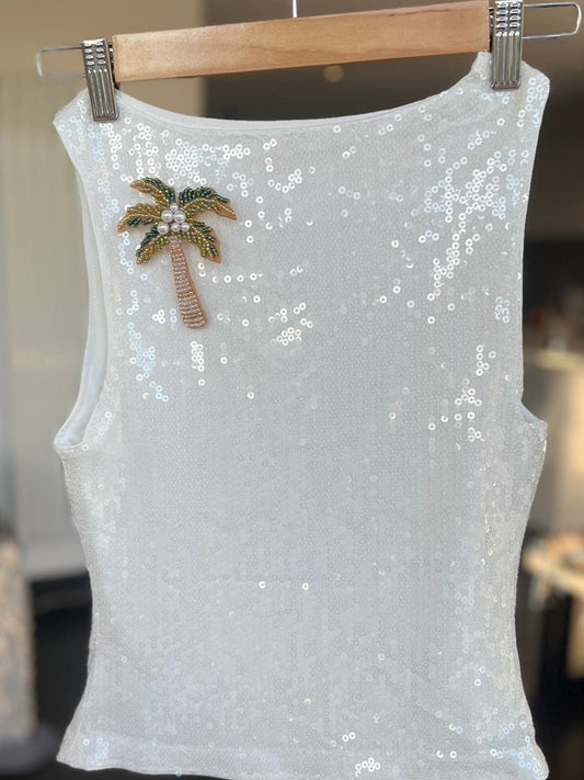 White beaded palm tree sequin Tank top ONLY