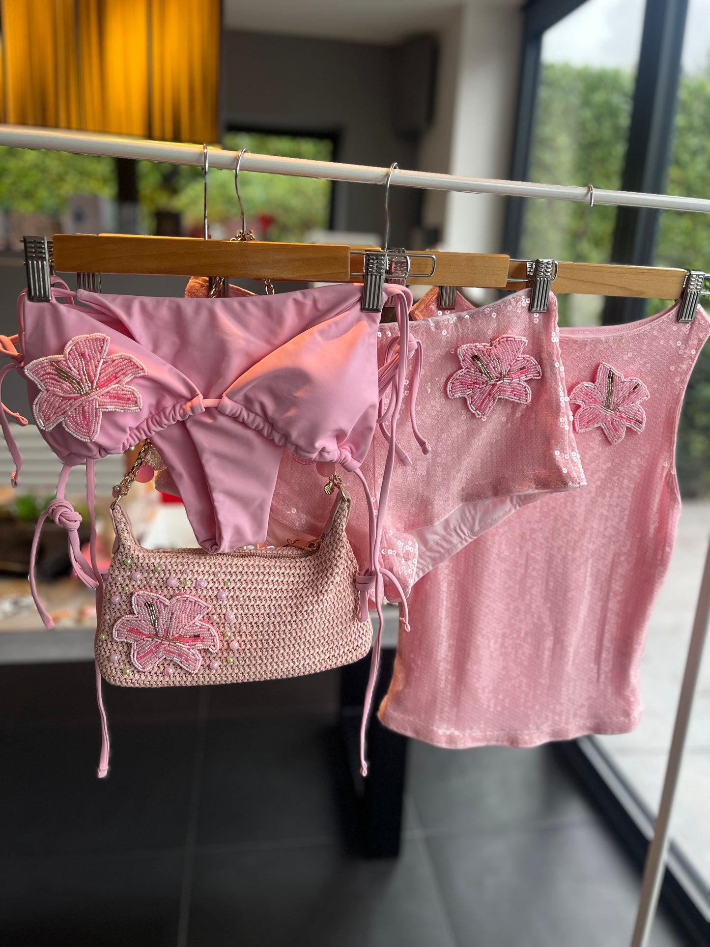 Pink beaded flora tank & shorts SET