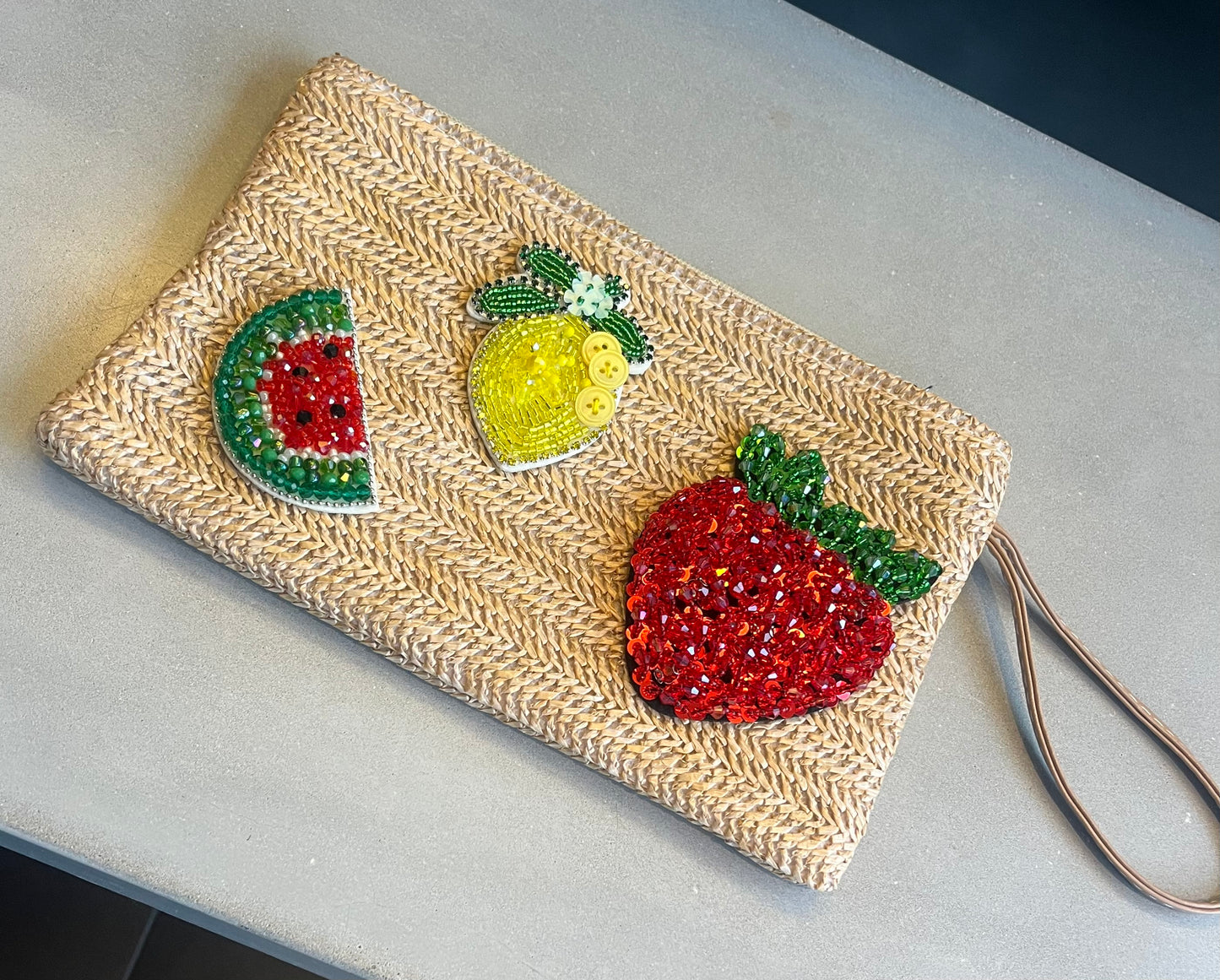 Beige beaded fruit pouch / clutch bag