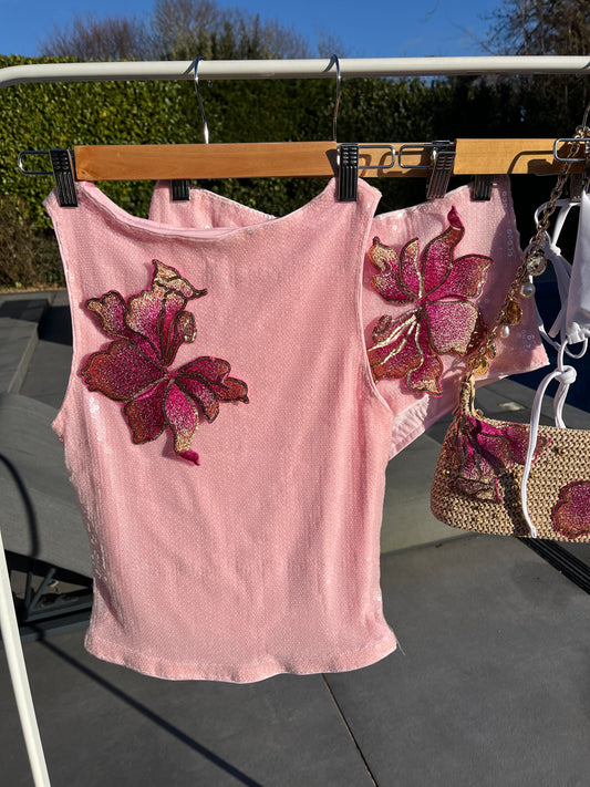 Pink blossom sequin tank & shorts SET