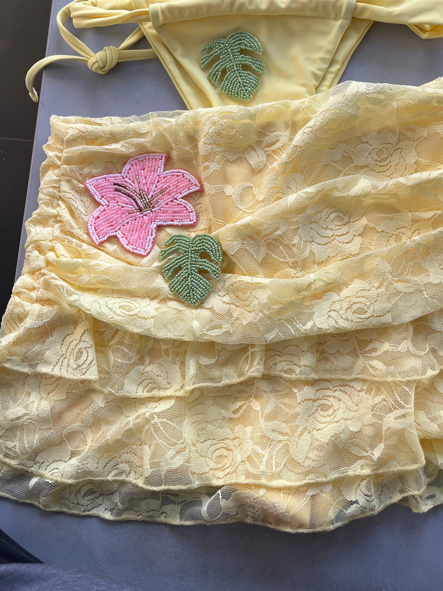 Yellow beaded flora & leaf lace skort