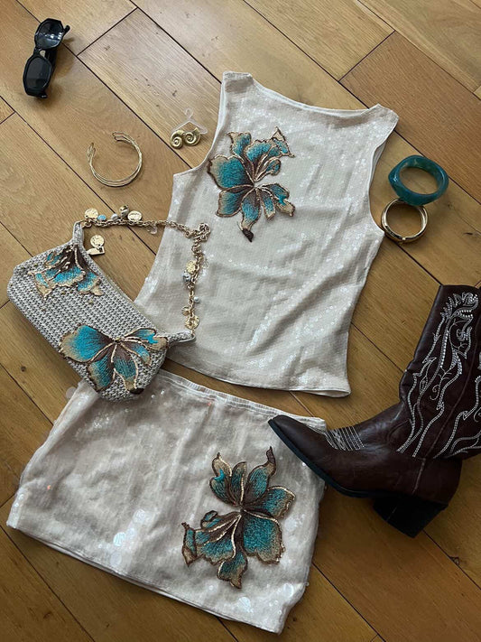 Beige Teal blossom sequin Tank & skort set