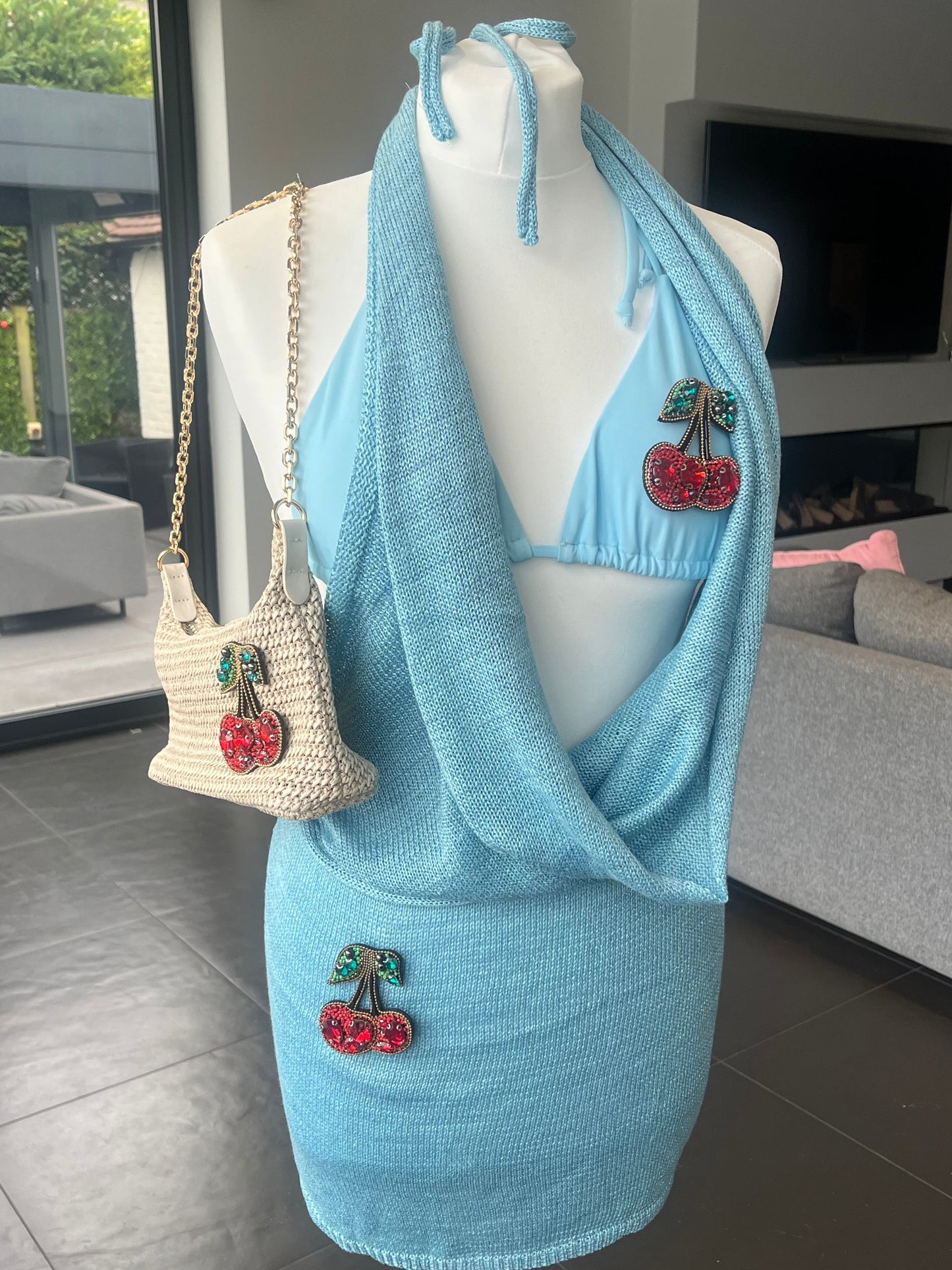 Blue Gem cherry slouch front backless dress