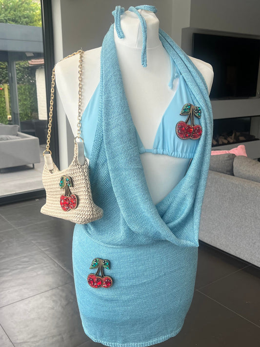 Blue Gem cherry slouch front backless dress