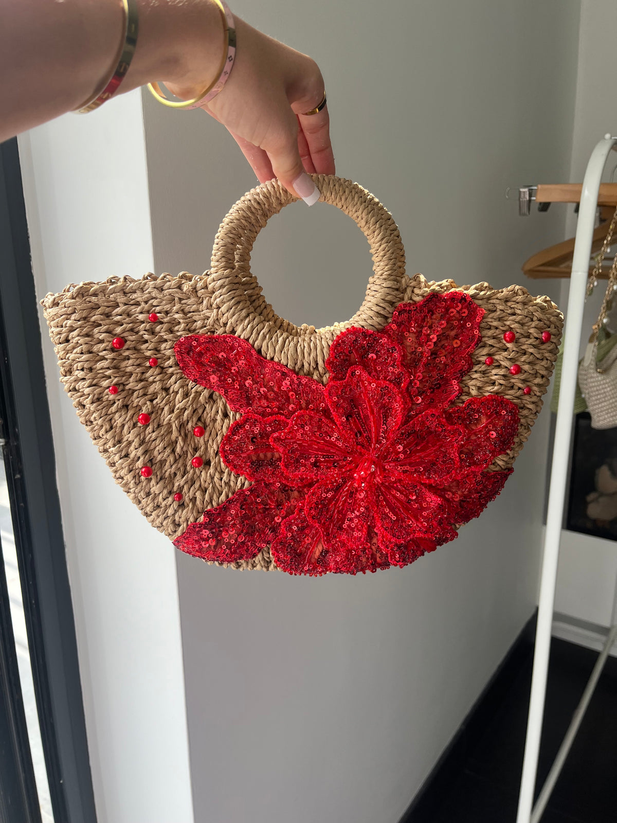 Pearled red Gracie beach bag