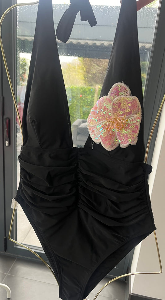 Black pink flora one piece swimsuit