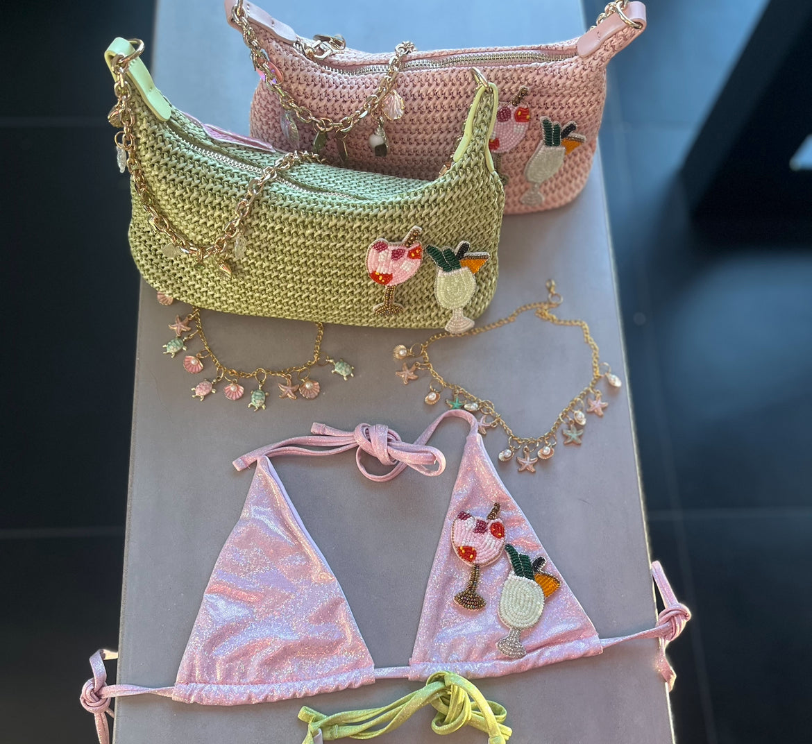 Pink sparkle beaded cocktails Micro & standard bikinis