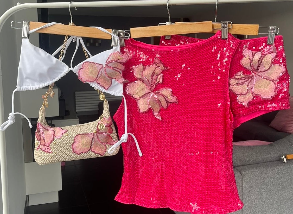 Hot pink Candy blossom sequin tank & shorts SET