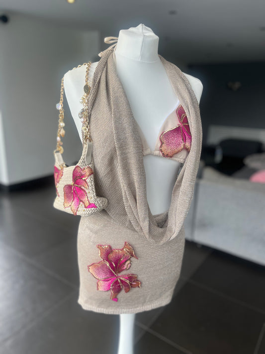 Beige Pink blossom knit slouch front backless dress