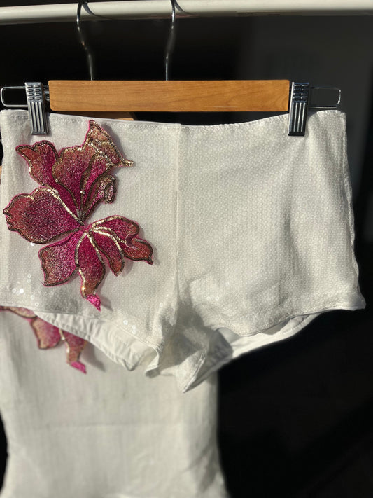 White pink blossom sequin shorts ONLY