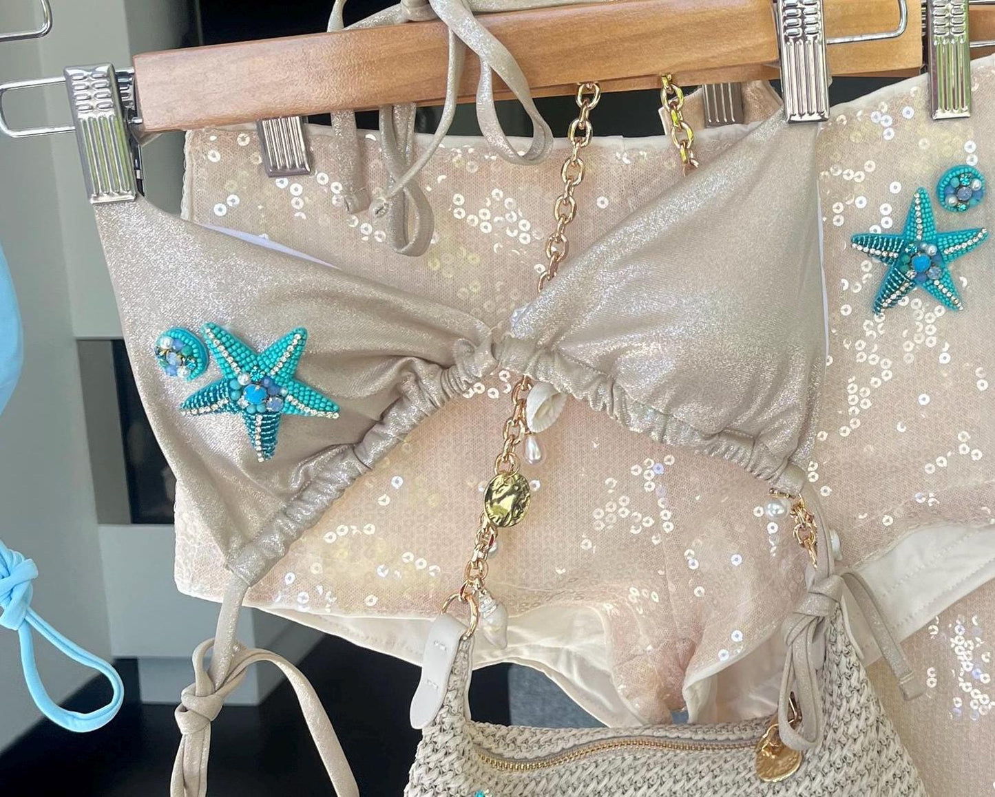 Beige / blue starfish bikini
