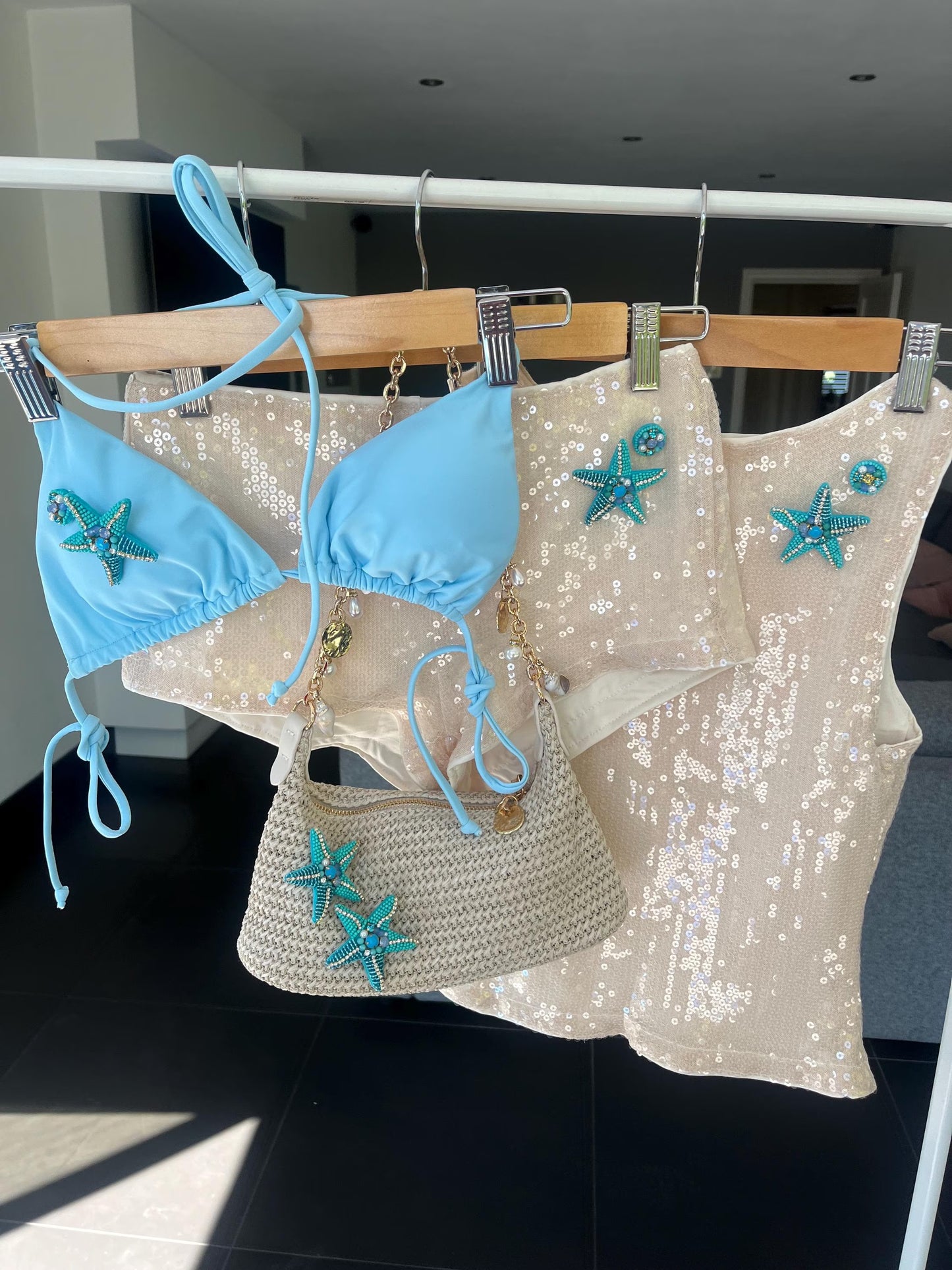 Beige / blue starfish sequin TANK TOP only