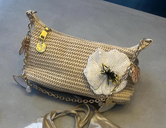 Beige / white flora charm bag