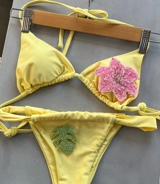 Yellow beaded flora & leaf bikini