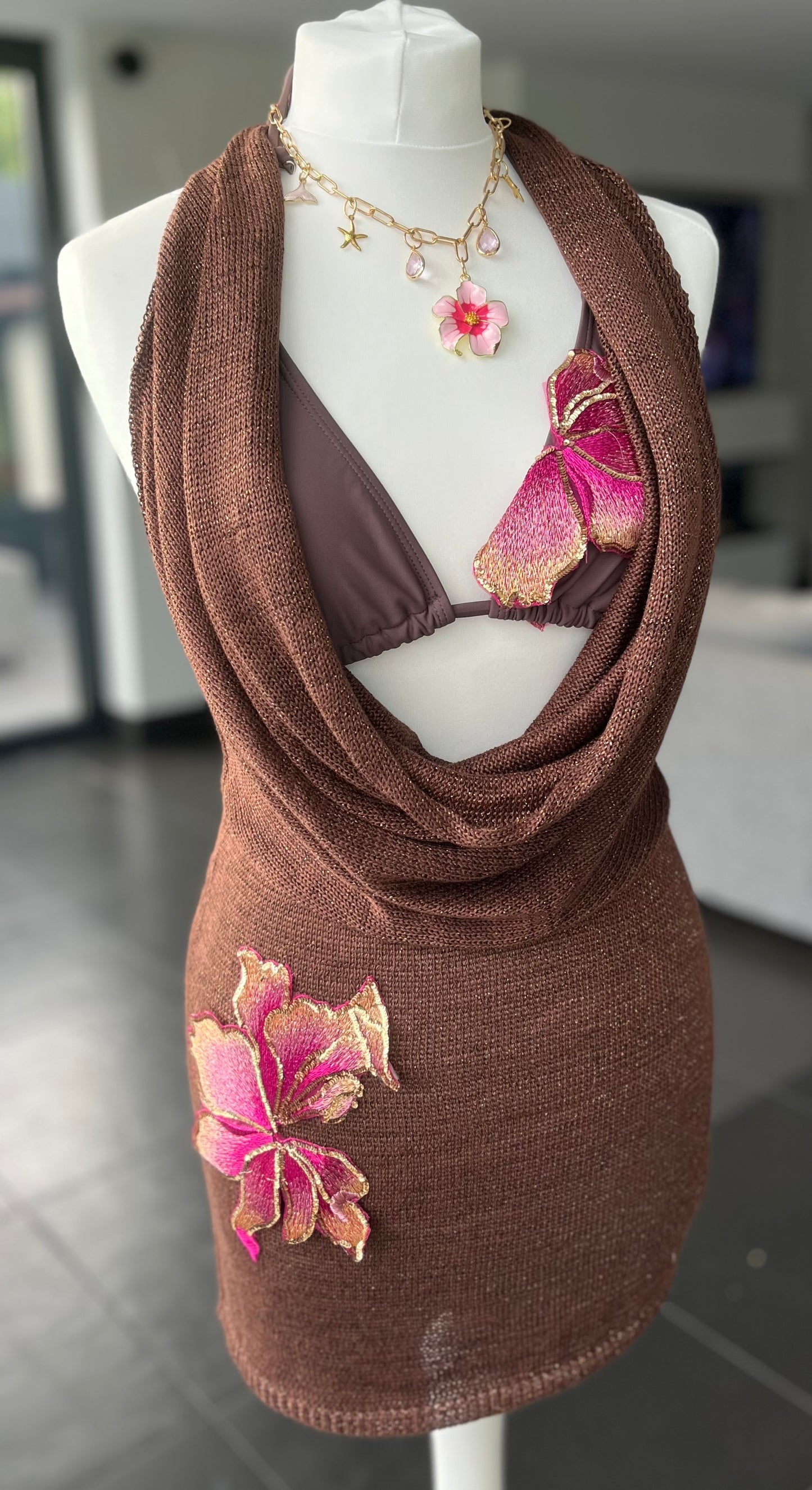 Coco Brown pink blossom knit slouch front backless dress