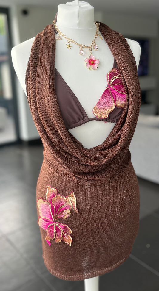 Coco Brown pink blossom knit slouch front backless dress
