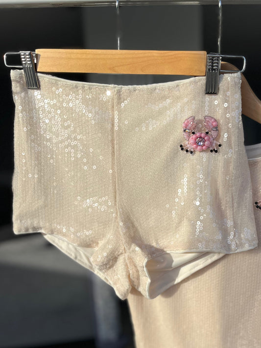 Beige beaded crabs sequin shorts ONLY