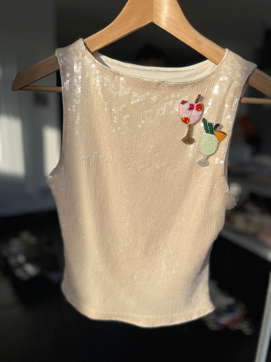 Beige beaded cocktails sequin Tank top ONLY