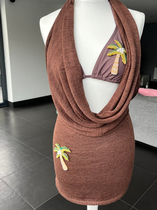 Coco Brown beaded palm tree knit slouch front backless dress