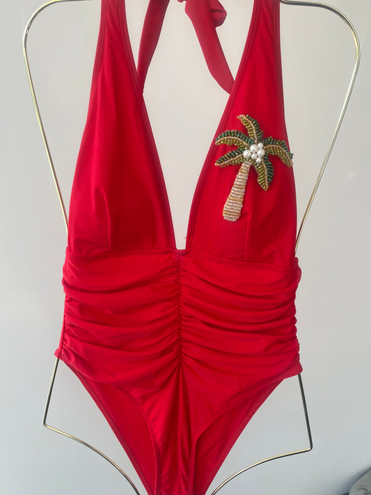 Red beaded palm tree One piece swimsuit