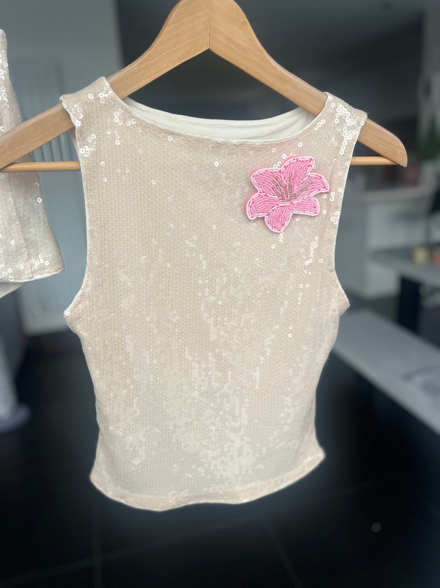 Beige beaded flora sequin Tank top ONLY