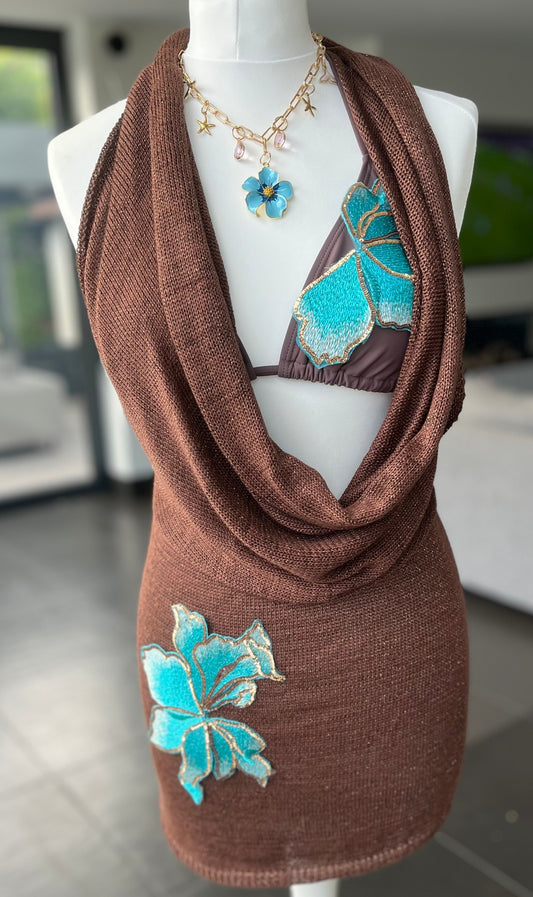 Brown ocean blossom knit slouch front backless dress