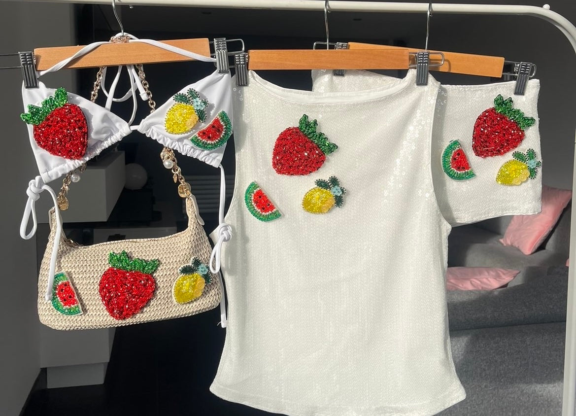White beaded summer fruits sequin shorts ONLY