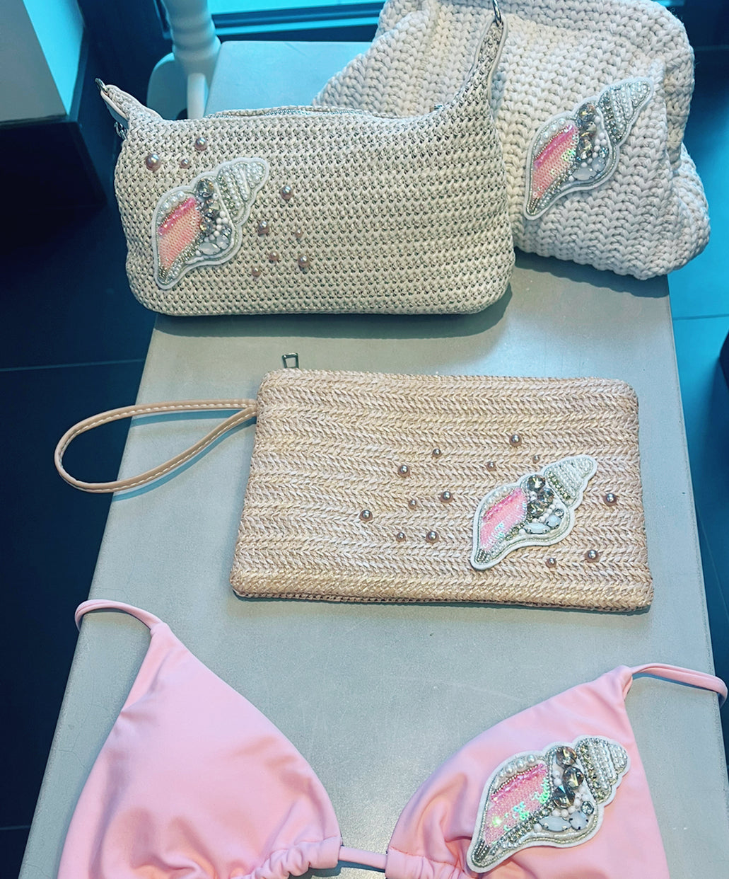 Beige beaded shell pouch / clutch bag