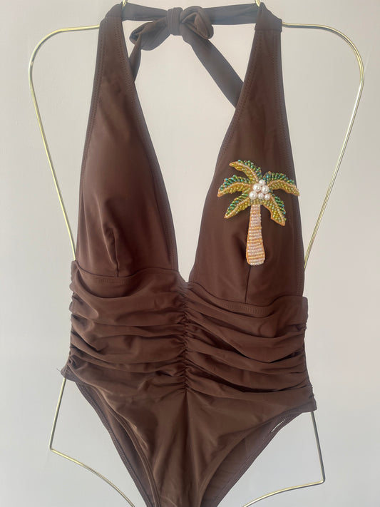 Brown beaded palm tree one piece swimsuit