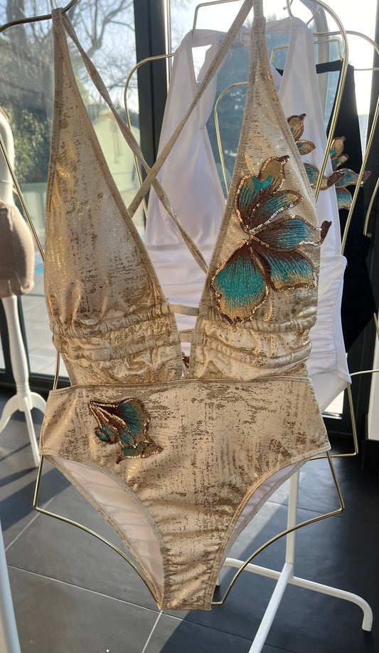 Beige Teal blossom One piece swimsuit