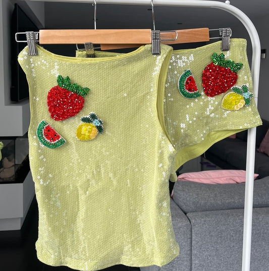 Matcha beaded summer fruits sequin tank top & shorts SET