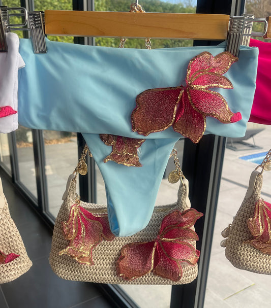 Blue Pink blossom bandeau bikini