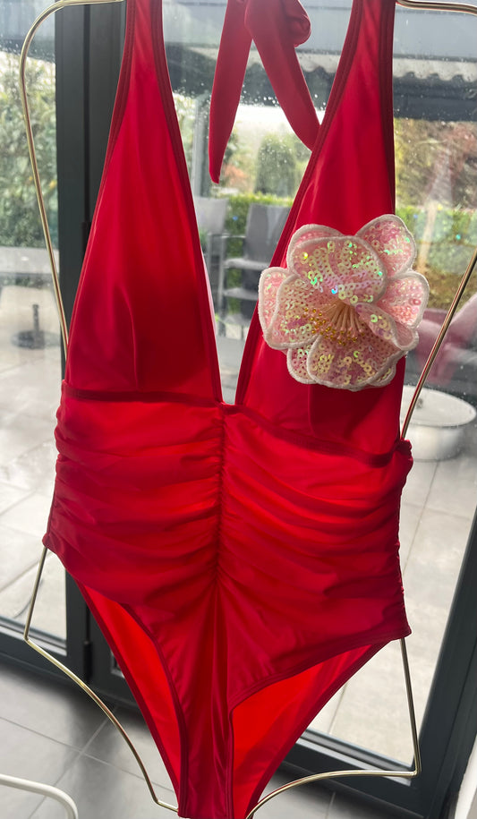 Red pink flora One piece swimsuit