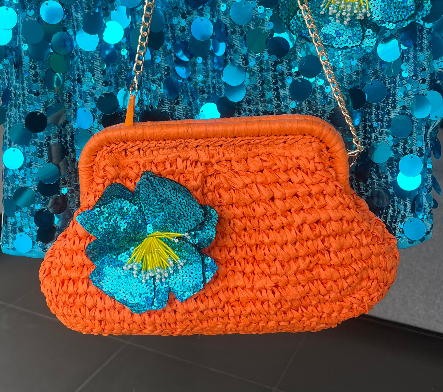 Orange turquoise flora charm bag