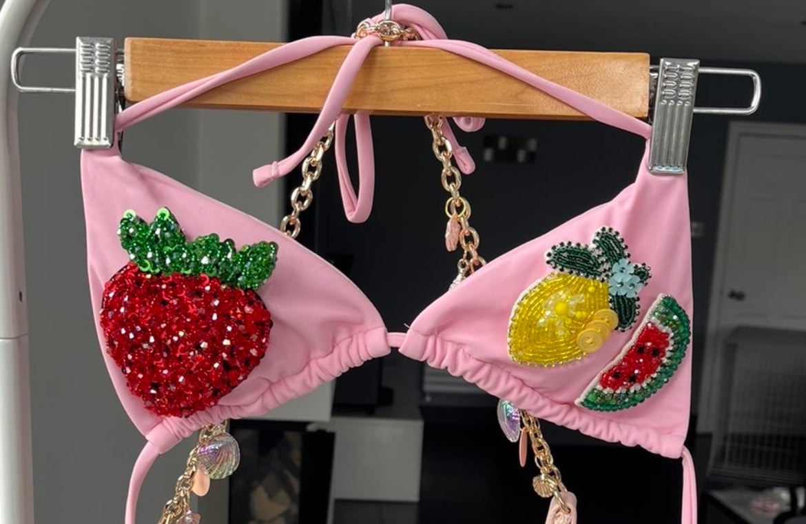 Pink beaded summer fruits bikini