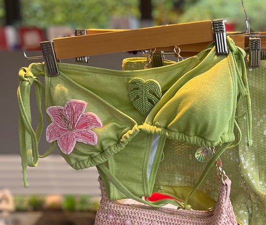 Matcha beaded & leaf flora bikini