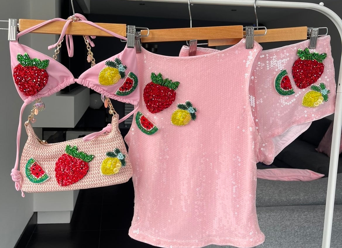 Pink beaded fruits sequin TANK TOP ONLY