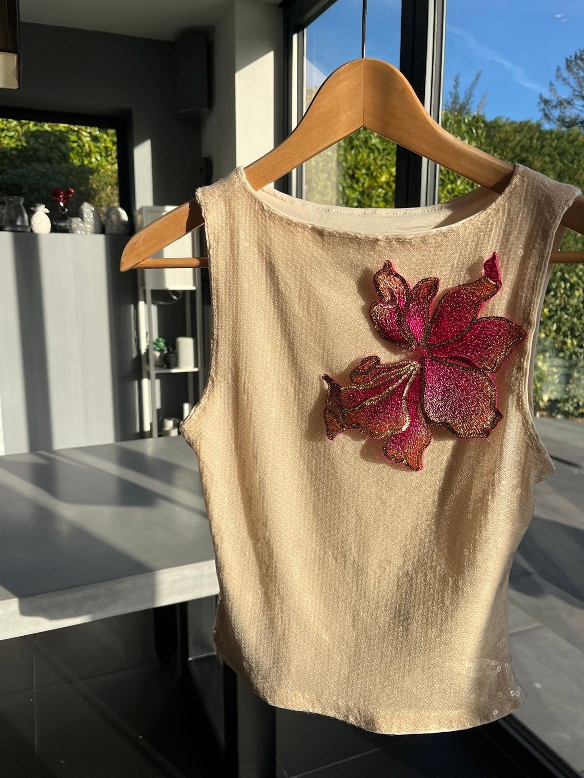 Beige pink blossom sequin Tank top ONLY