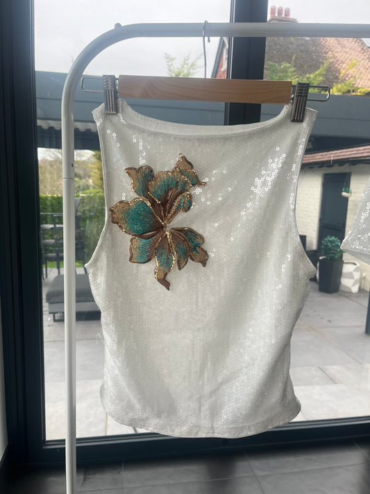 White teal blossom sequin Tank top ONLY