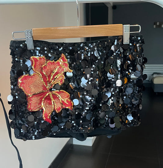 Black Red blossom sequin skort