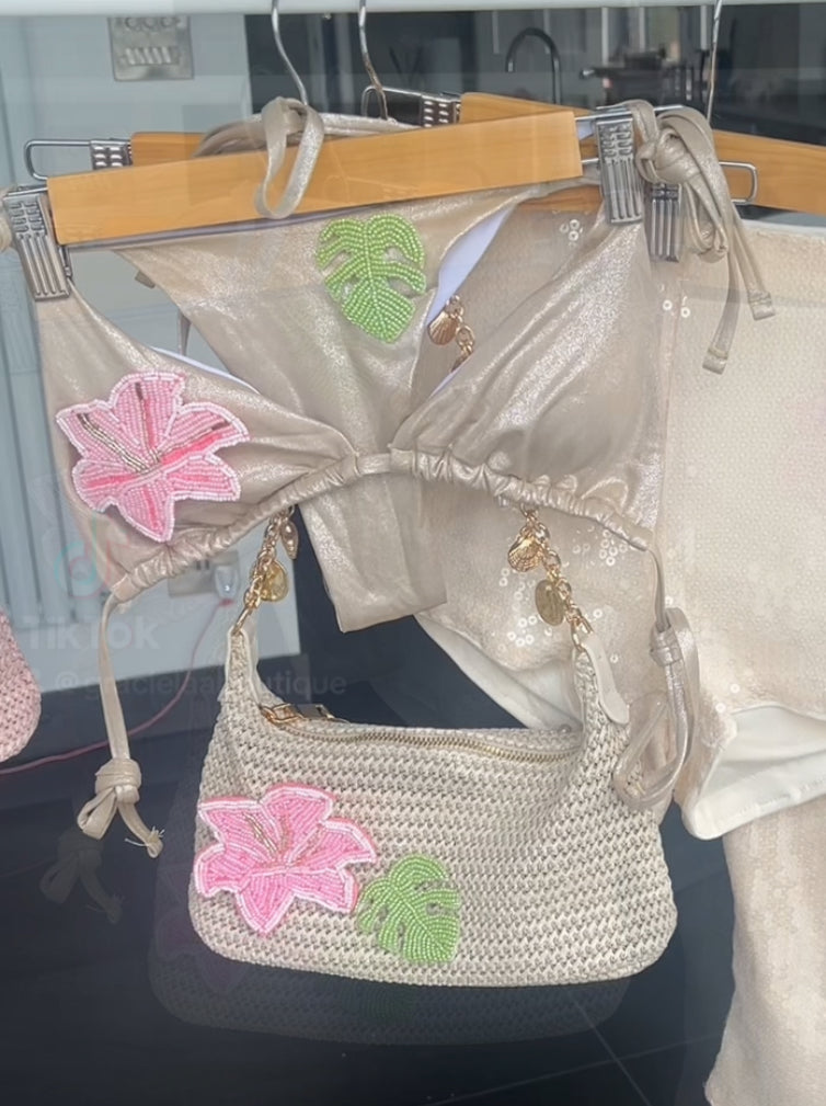 Beige beaded flora & leaf bikini