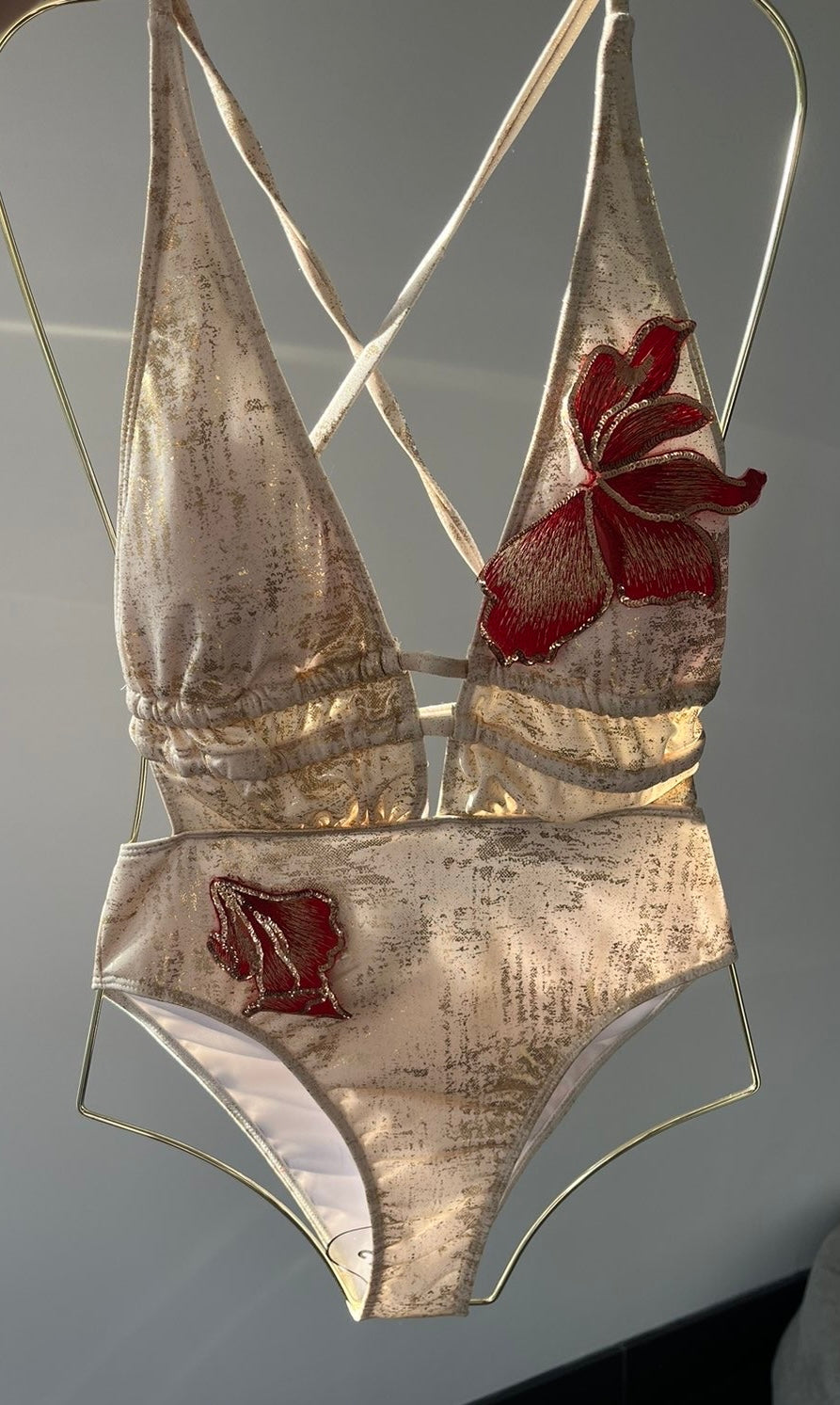 Beige Red blossom One piece swimsuit