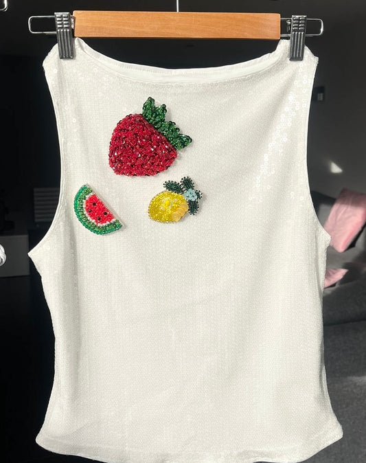 White beaded summer fruits sequin Tank top ONLY