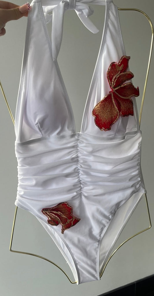 White Red blossom One piece swimsuit