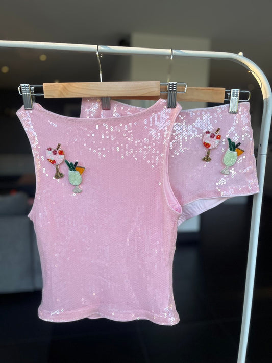 Pink beaded cocktails sequin tank & shorts SET