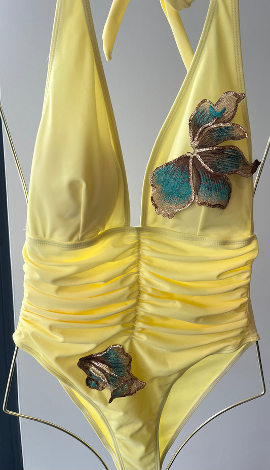 Yellow Teal blossom One piece swimsuit
