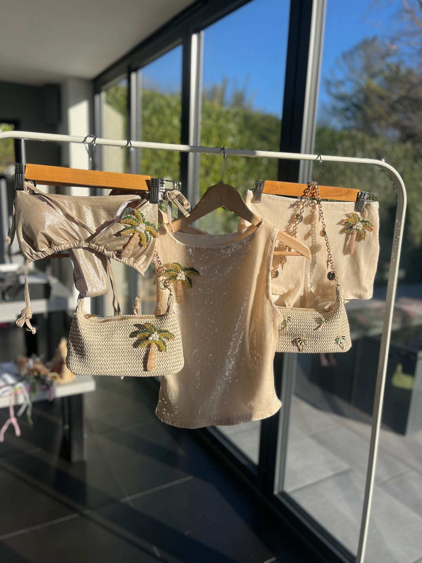 Beige beaded palm tree sequin Tank top ONLY